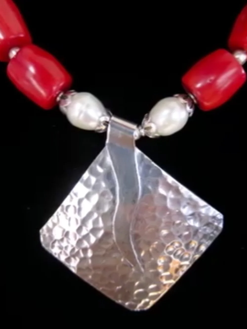 Handcrafted Red Coral/FW Pearls/Bali SS/Hill Tribes Silver Pendant Necklace